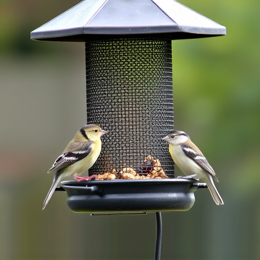 Metal mesh bird feeder with small birds