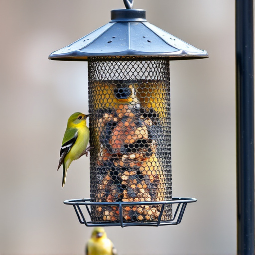 Metal mesh bird feeder with small birds