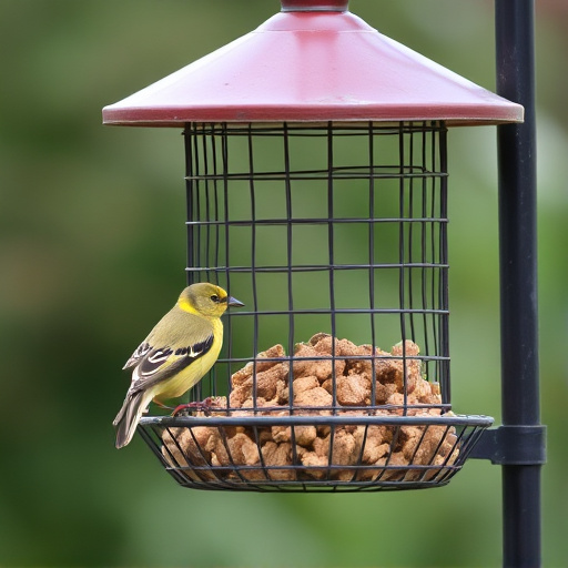Metal mesh bird feeder with small birds