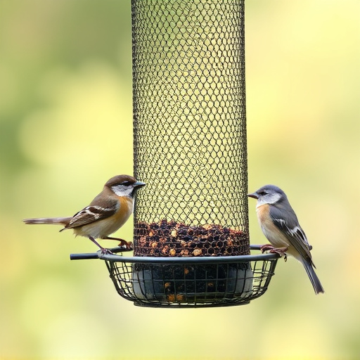Metal mesh bird feeder with small birds