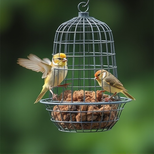 Metal mesh bird feeder with small birds