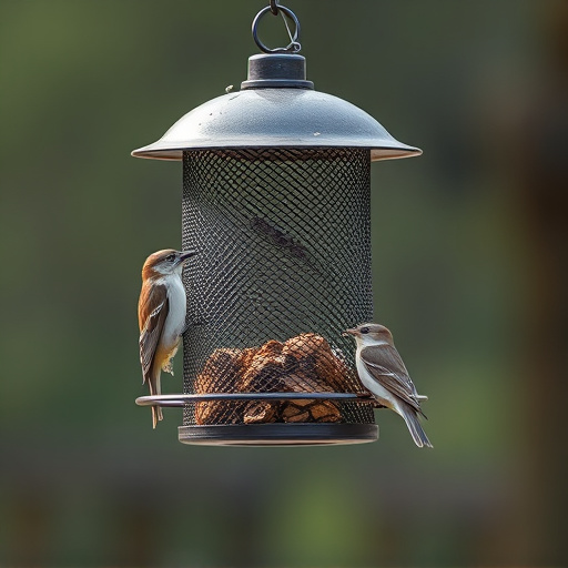 Metal mesh bird feeder with small birds