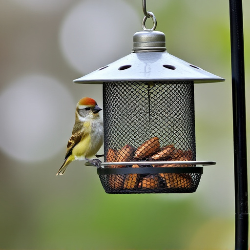 Metal mesh bird feeder with small birds