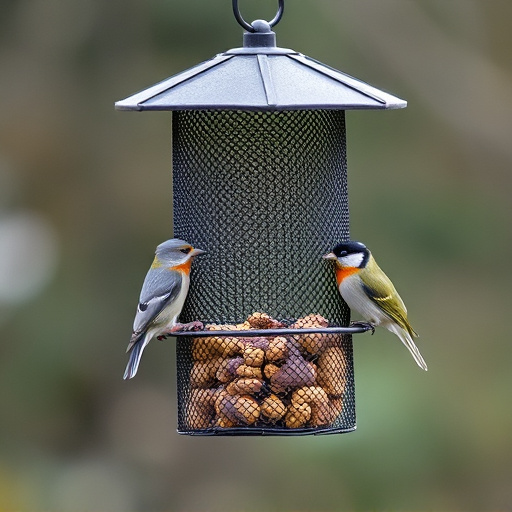 Metal mesh bird feeder with small birds