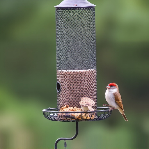 Metal mesh bird feeder with small birds