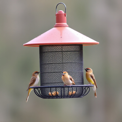 Metal mesh bird feeder with small birds
