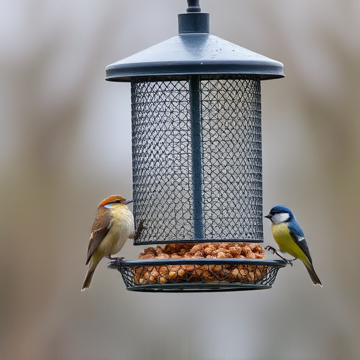 Metal mesh bird feeder with small birds