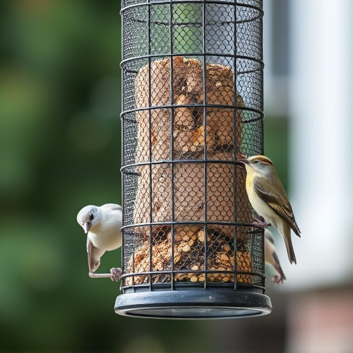 Metal mesh bird feeder with small birds
