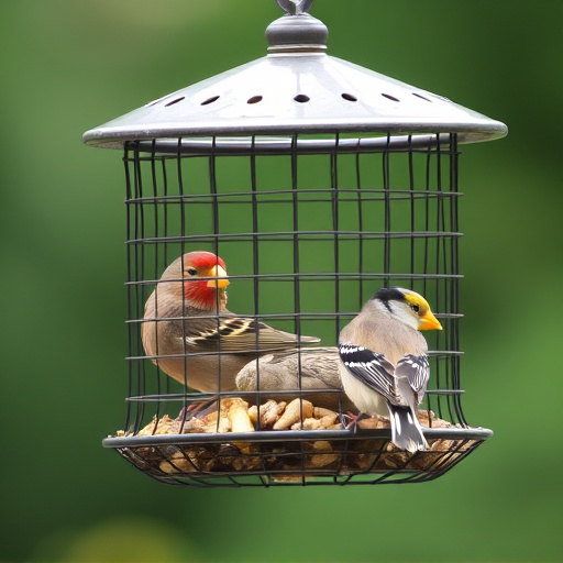 Metal mesh bird feeder with small birds