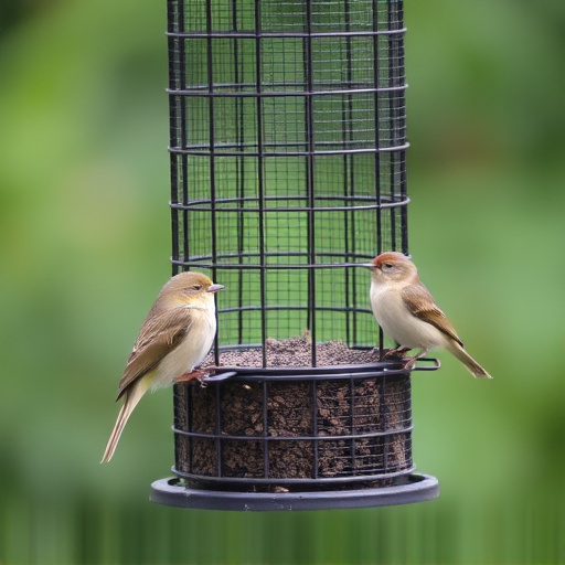 Metal mesh bird feeder with small birds