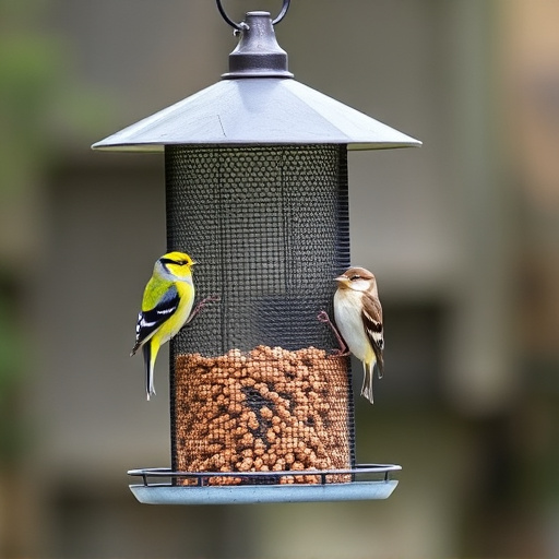 Metal mesh bird feeder with small birds