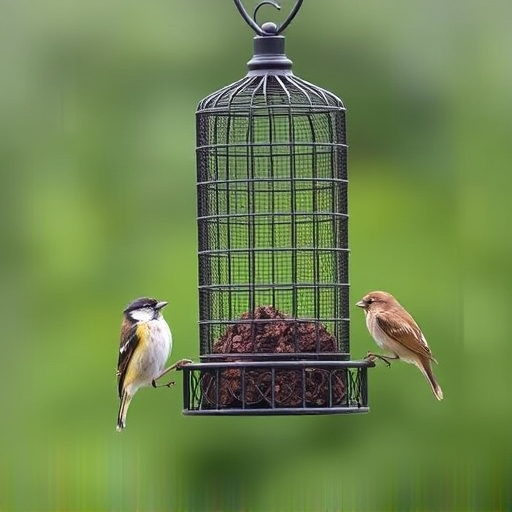Metal mesh bird feeder with small birds