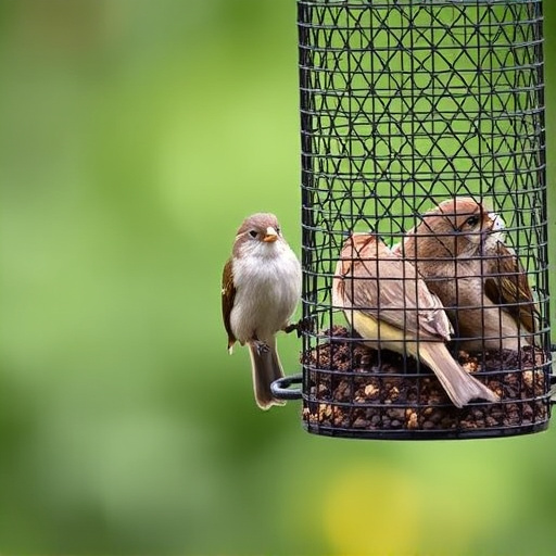 Metal mesh bird feeder with small birds