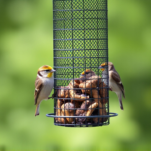 Metal mesh bird feeder with small birds