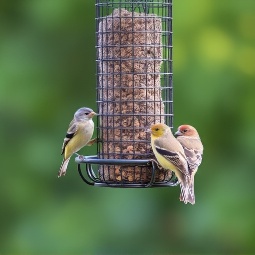 Metal mesh bird feeder with small birds