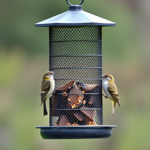 Metal mesh bird feeder with small birds
