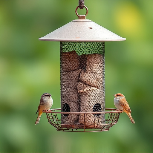 Metal mesh bird feeder with small birds