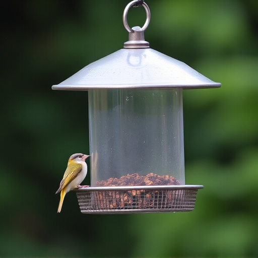 Metal mesh bird feeder with small birds