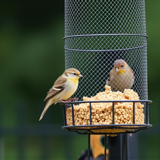 Metal mesh bird feeder with small birds