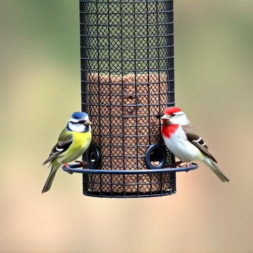 Metal mesh bird feeder with small birds