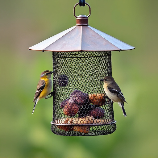 Metal mesh bird feeder with small birds