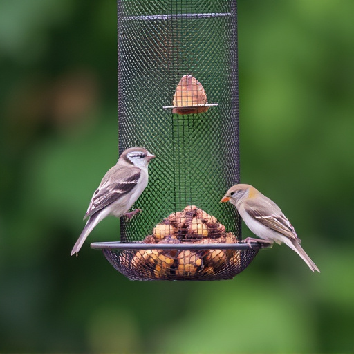 Metal mesh bird feeder with small birds