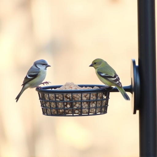 Metal mesh bird feeder with small birds