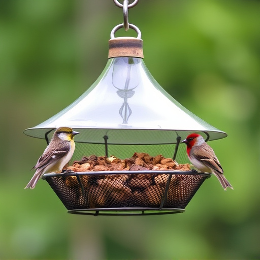 Metal mesh bird feeder with small birds