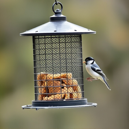 Metal mesh bird feeder with small birds
