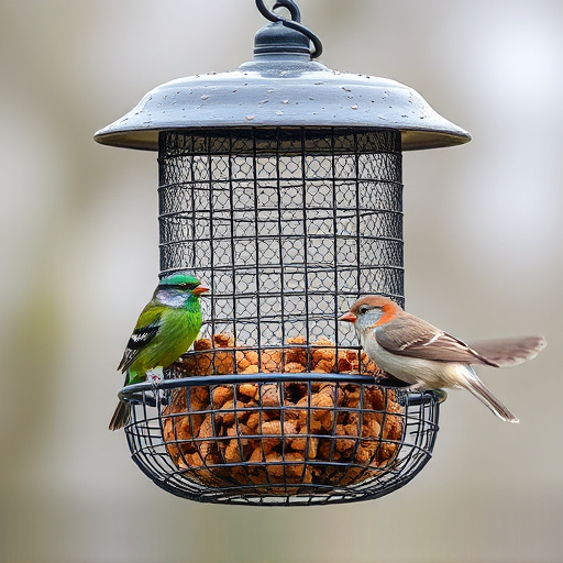 Metal mesh bird feeder with small birds