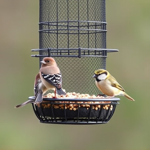 Metal mesh bird feeder with small birds