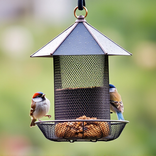 Metal mesh bird feeder with small birds