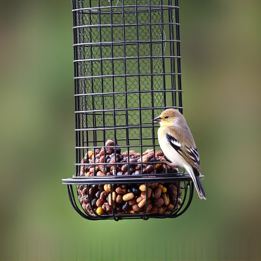 Metal mesh bird feeder with small birds