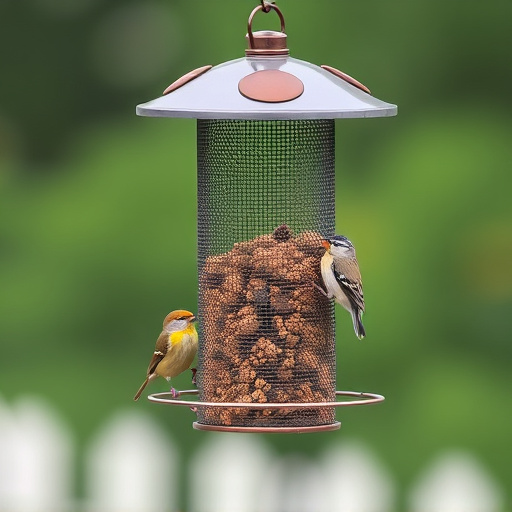 Metal mesh bird feeder with small birds