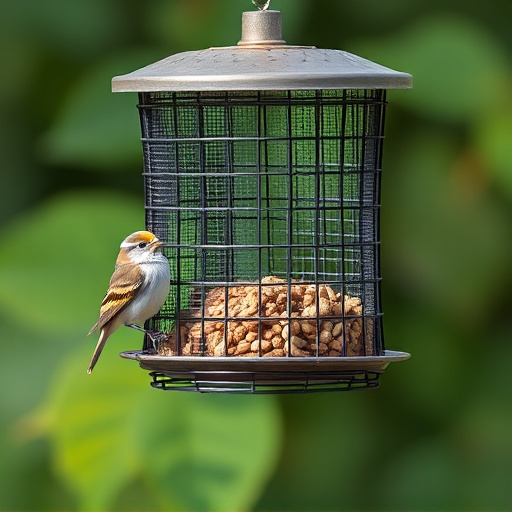 Metal mesh bird feeder with small birds