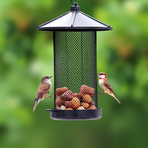 Metal mesh bird feeder with small birds