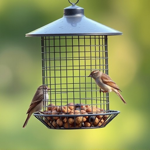 Metal mesh bird feeder with small birds