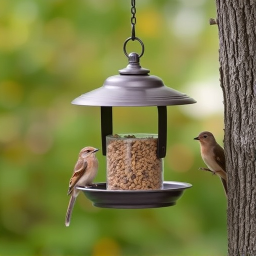 Metal squirrel-proof bird feeder hanging outdoors