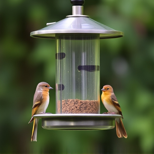 Metal squirrel-proof bird feeder hanging outdoors