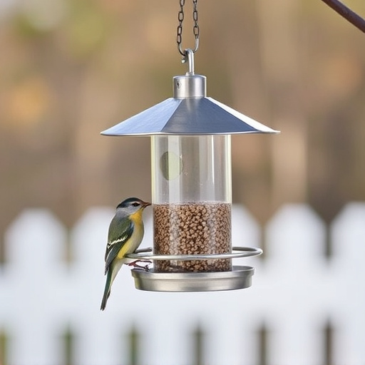 Metal squirrel-proof bird feeder hanging outdoors