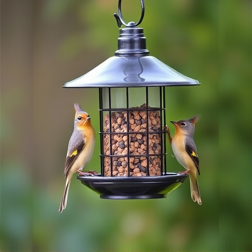 Metal squirrel-proof bird feeder hanging outdoors