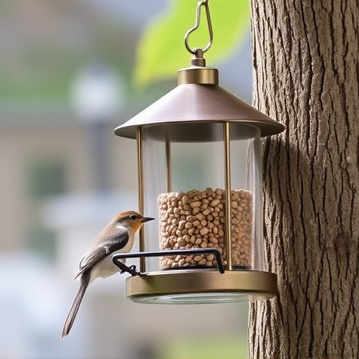 Metal squirrel-proof bird feeder hanging outdoors