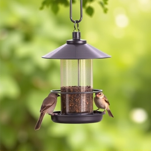 Metal squirrel-proof bird feeder hanging outdoors