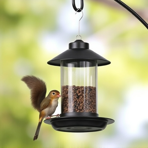 Metal squirrel-proof bird feeder hanging outdoors