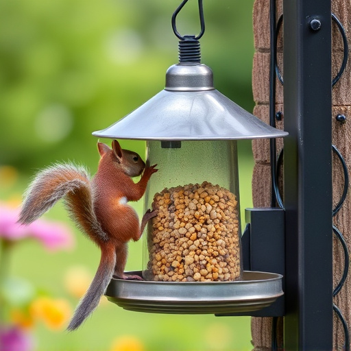 Metal squirrel-proof bird feeder in garden