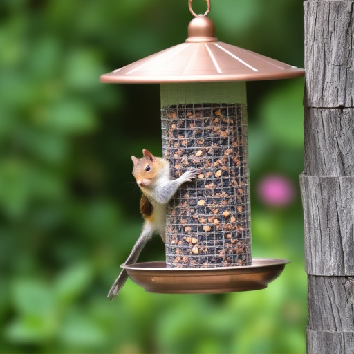 Metal squirrel-proof bird feeder in garden