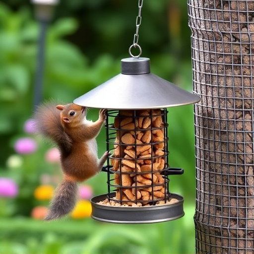 Metal squirrel-proof bird feeder in garden