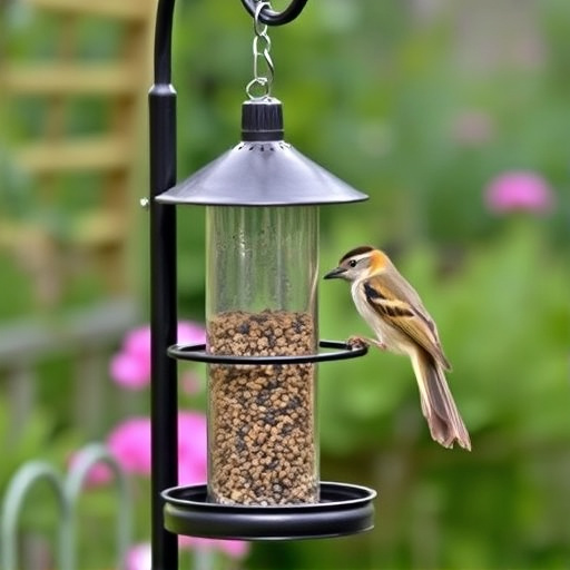 Metal squirrel-proof bird feeder in garden