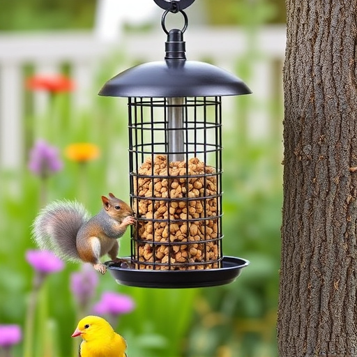 Metal squirrel-proof bird feeder in garden