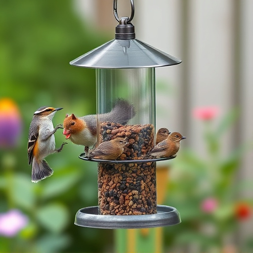 Metal squirrel-proof bird feeder in garden